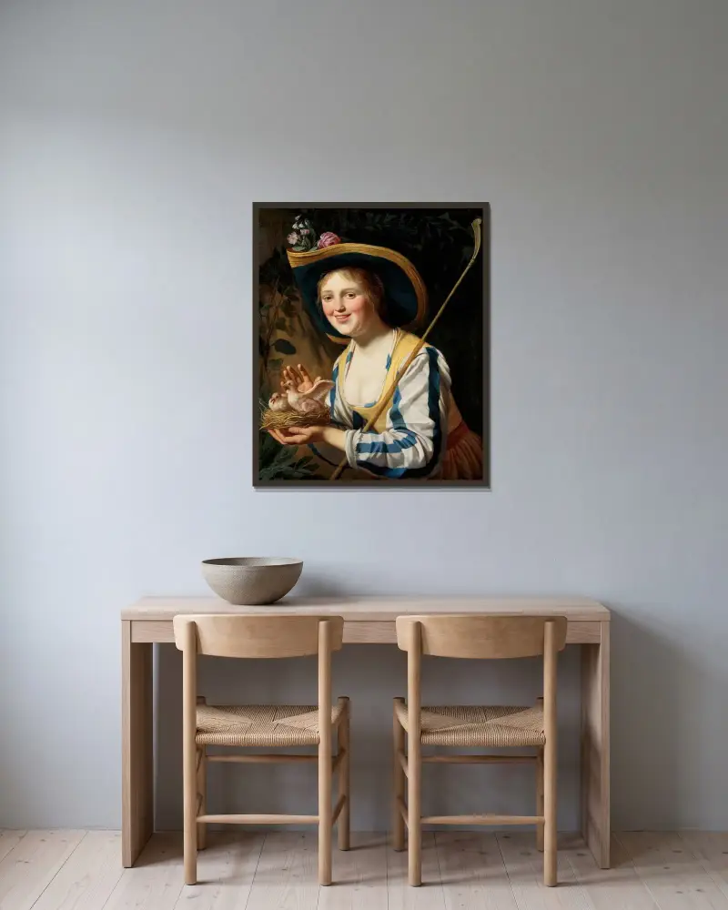 Herdeflicka med duvor av Gerard van Honthorst inramad på en vägg