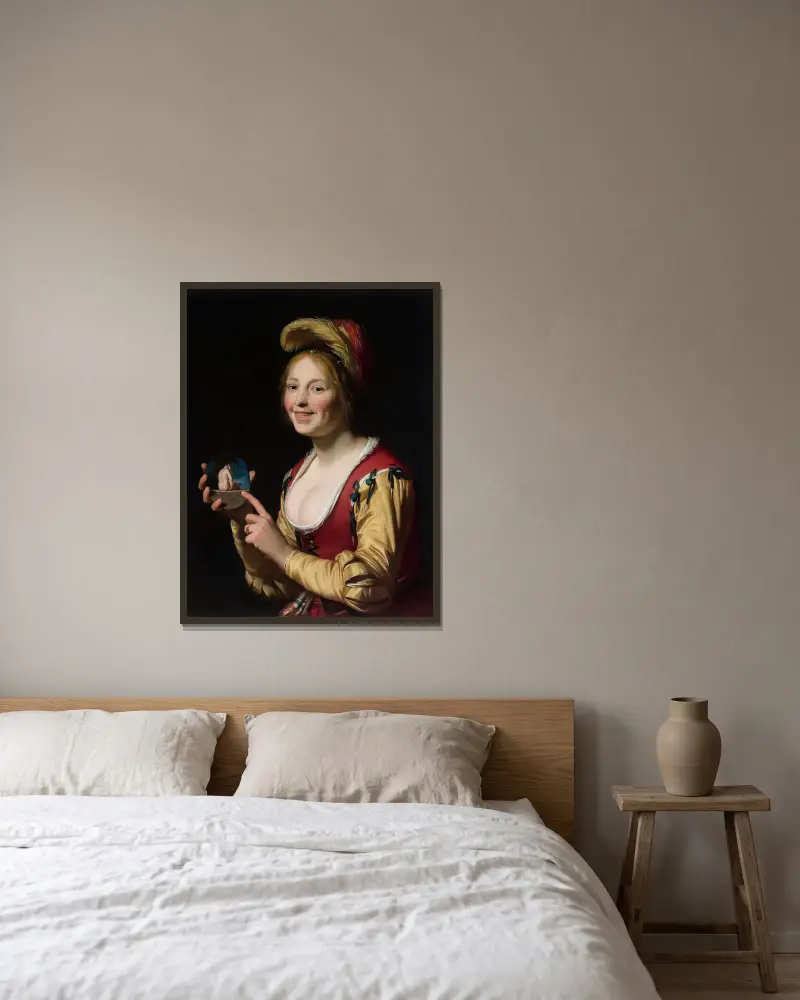 Smiling Girl, a Courtesan, Holding an Obscene Image av Gerard van Honthorst inramad på en vägg