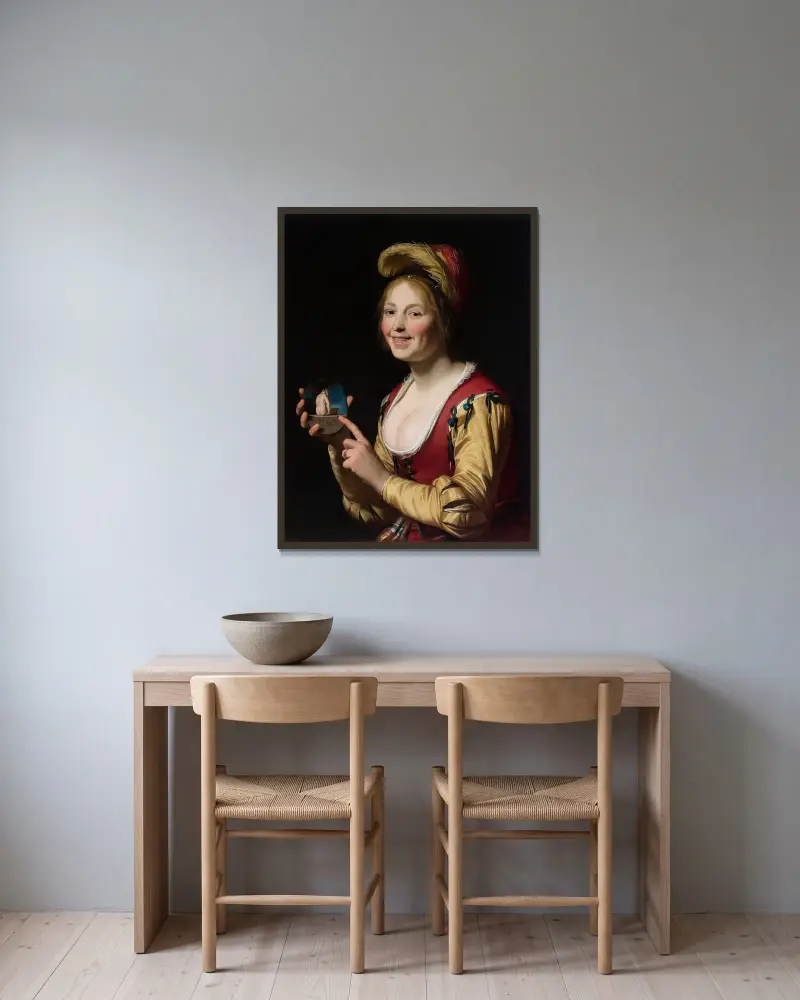 Smiling Girl, a Courtesan, Holding an Obscene Image av Gerard van Honthorst inramad på en vägg