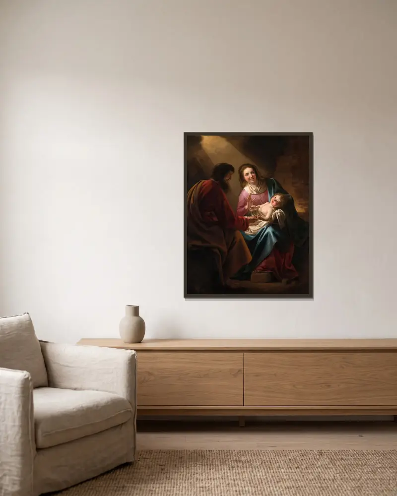 Den heliga familjen av Gerard van Honthorst inramad på en vägg