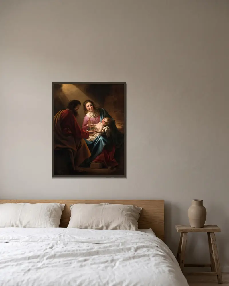 Den heliga familjen av Gerard van Honthorst inramad på en vägg
