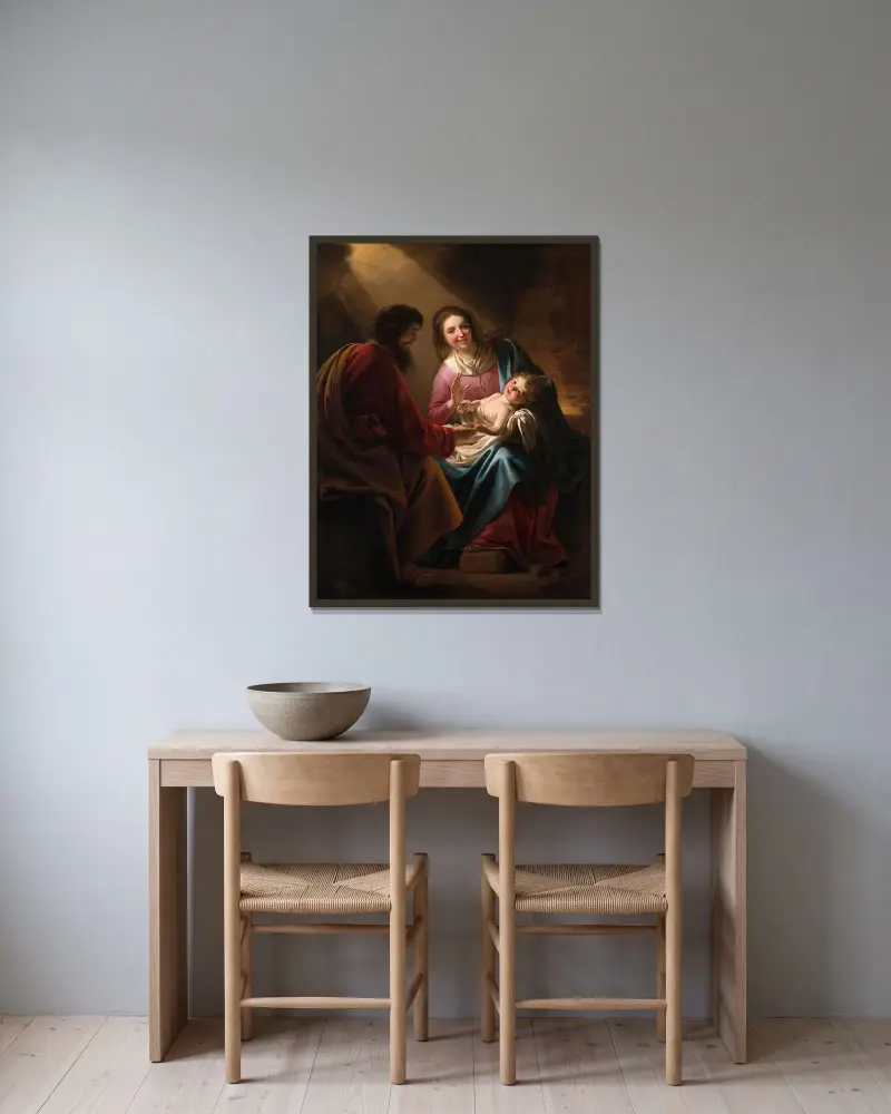 Den heliga familjen av Gerard van Honthorst inramad på en vägg