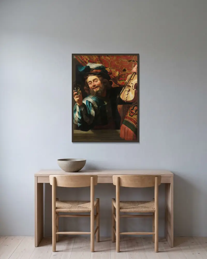 Der fröhliche Geigenspieler von Gerard van Honthorst gerahmt an einer Wand