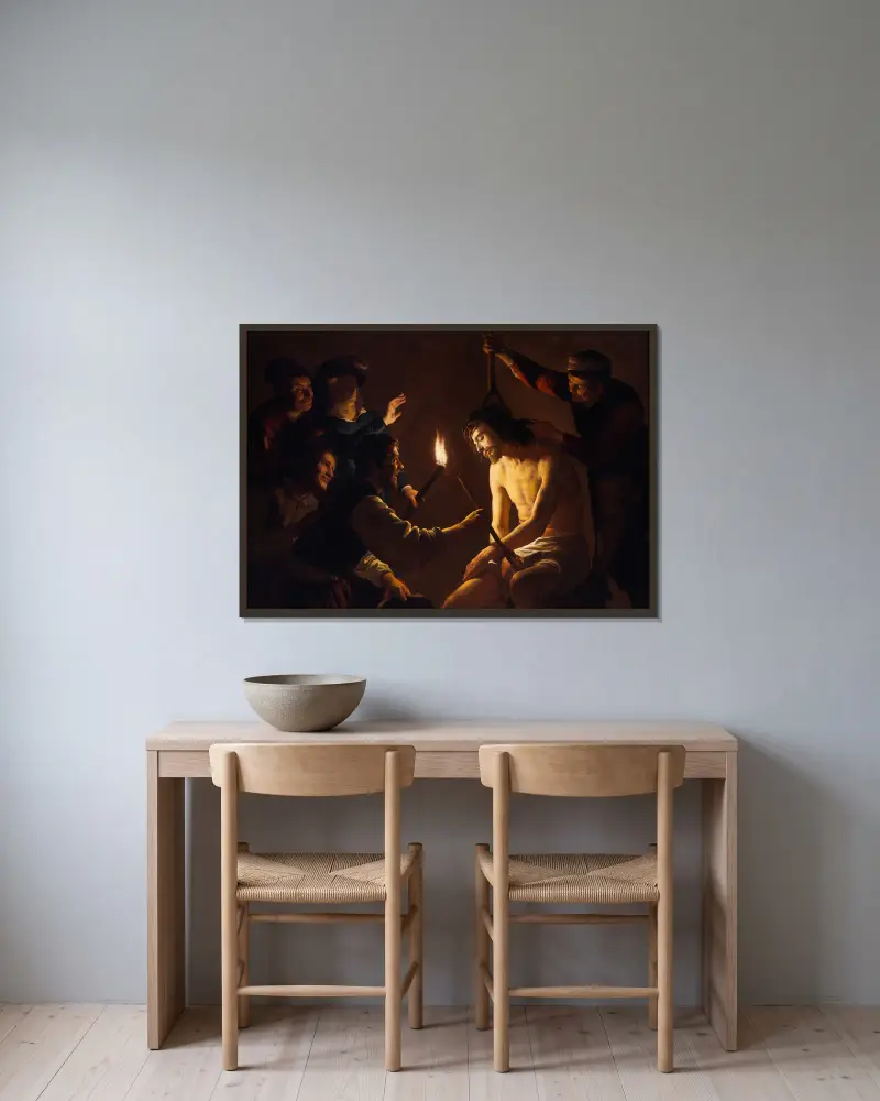 Die Verspottung Christi von Gerard van Honthorst gerahmt an einer Wand