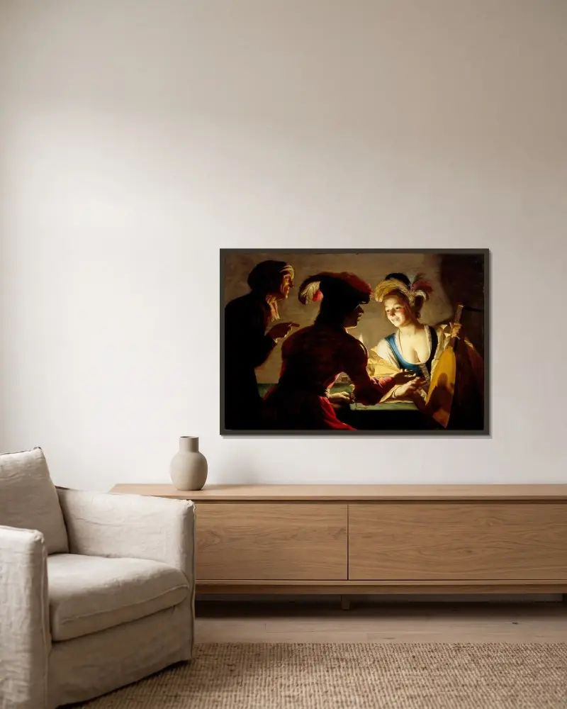 Kopplerskan av Gerard van Honthorst inramad på en vägg