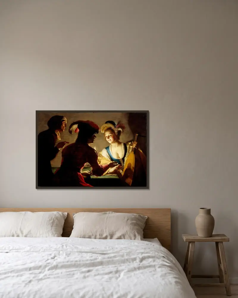 Kopplerskan av Gerard van Honthorst inramad på en vägg