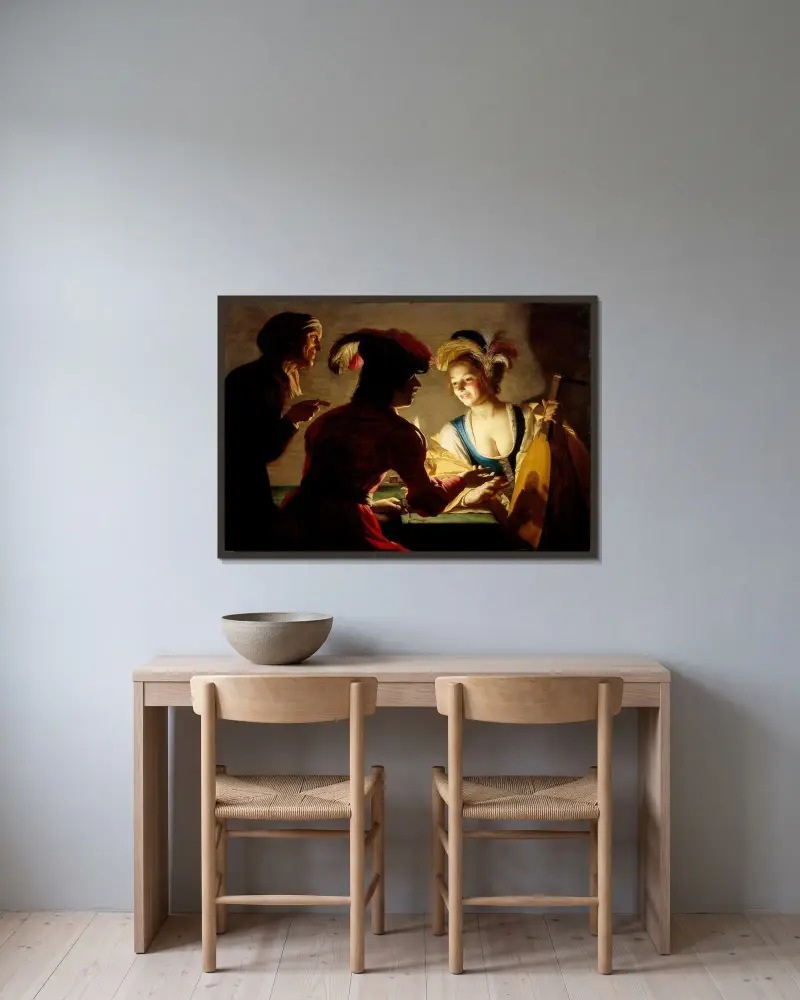Kopplerskan av Gerard van Honthorst inramad på en vägg