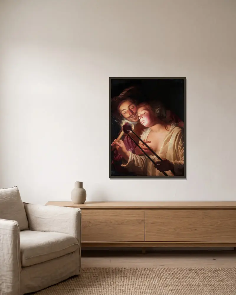 The Soldier and the Girl av Gerard van Honthorst inramad på en vägg