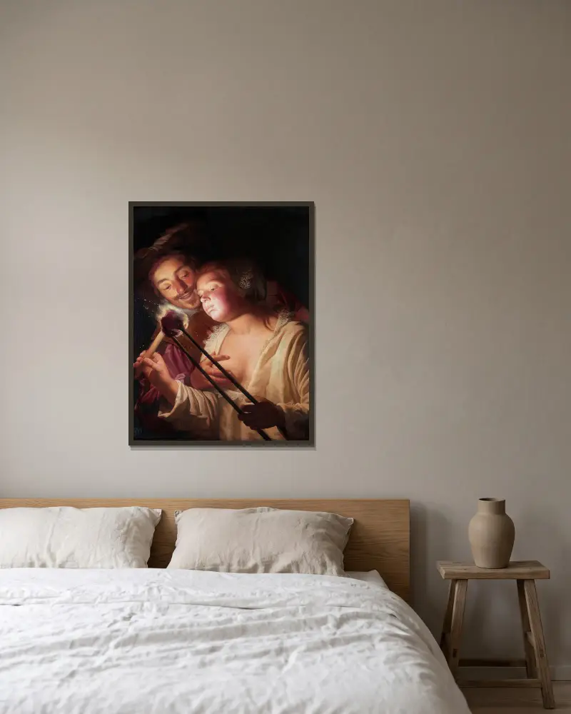 The Soldier and the Girl av Gerard van Honthorst inramad på en vägg