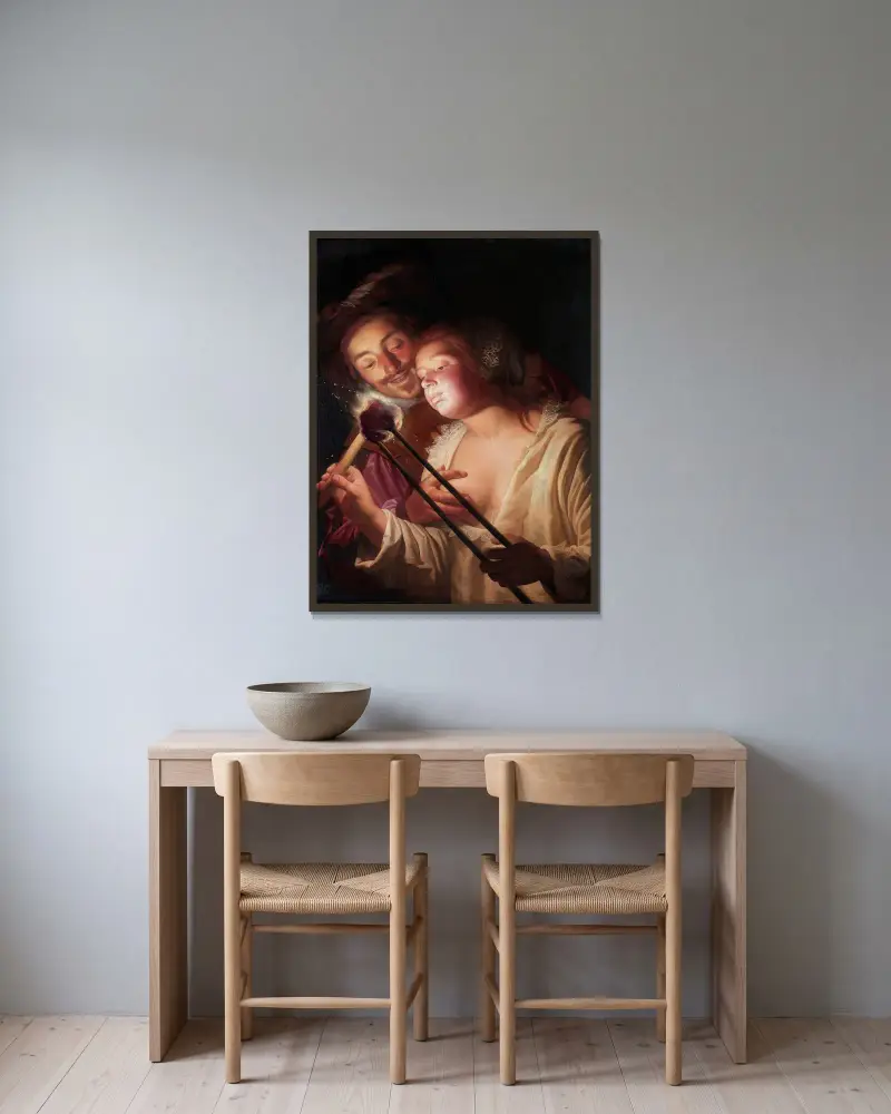 The Soldier and the Girl av Gerard van Honthorst inramad på en vägg