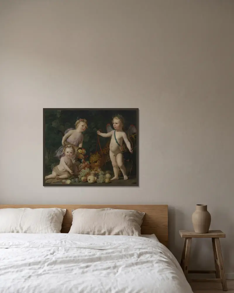 Tre barn med frukt och en jaguar av Gerard van Honthorst inramad på en vägg