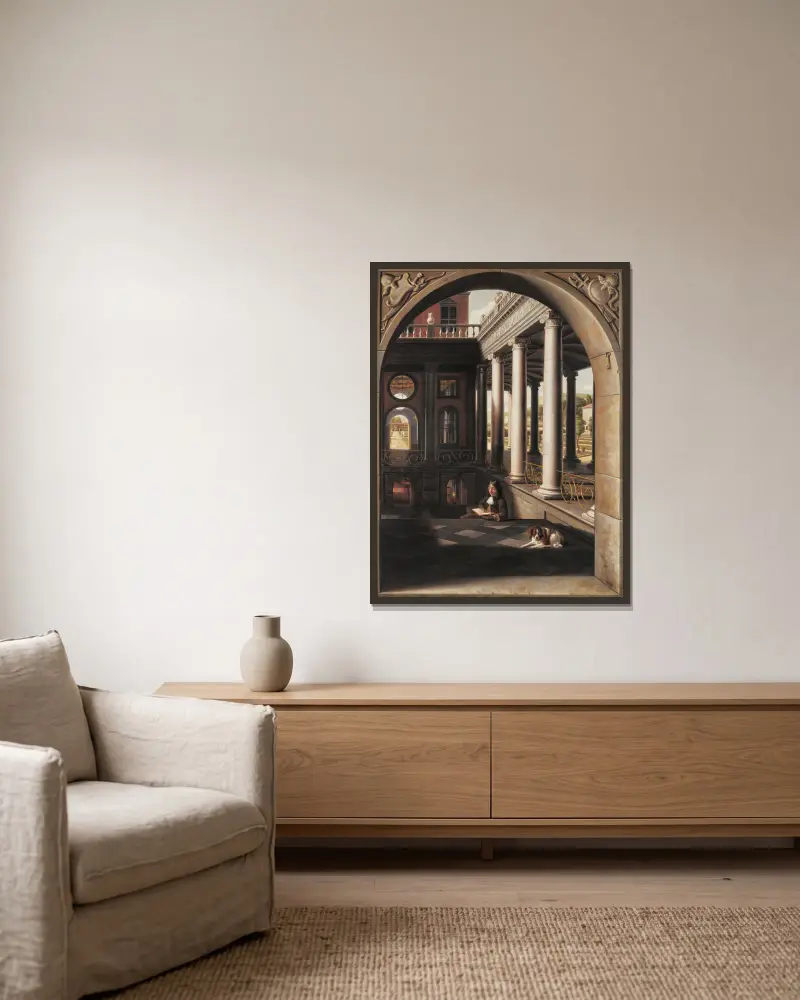 Jeune homme lisant dans un palais de style Renaissance av Samuel van Hoogstraten inramad på en vägg