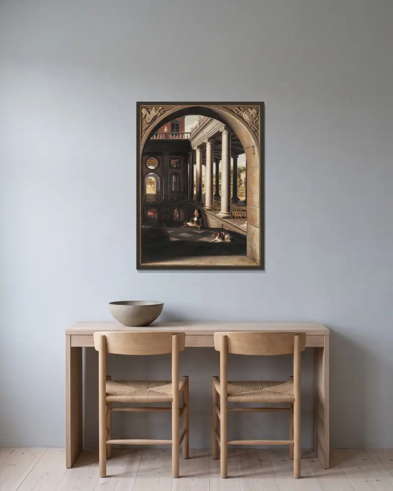 Jeune homme lisant dans un palais de style Renaissance av Samuel van Hoogstraten inramad på en vägg