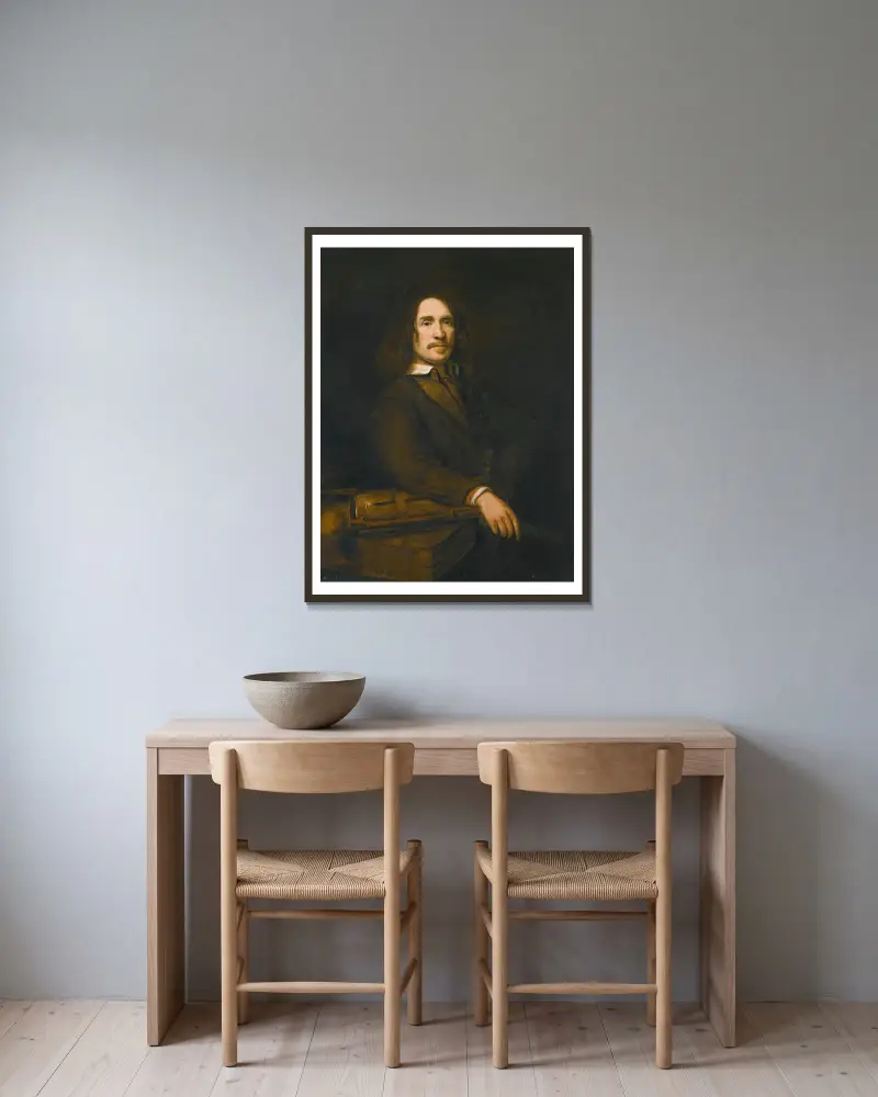 Portrait Of A Gentleman, Possibly Caspar Calthoff (D. 1664) av Samuel van Hoogstraten inramad på en vägg