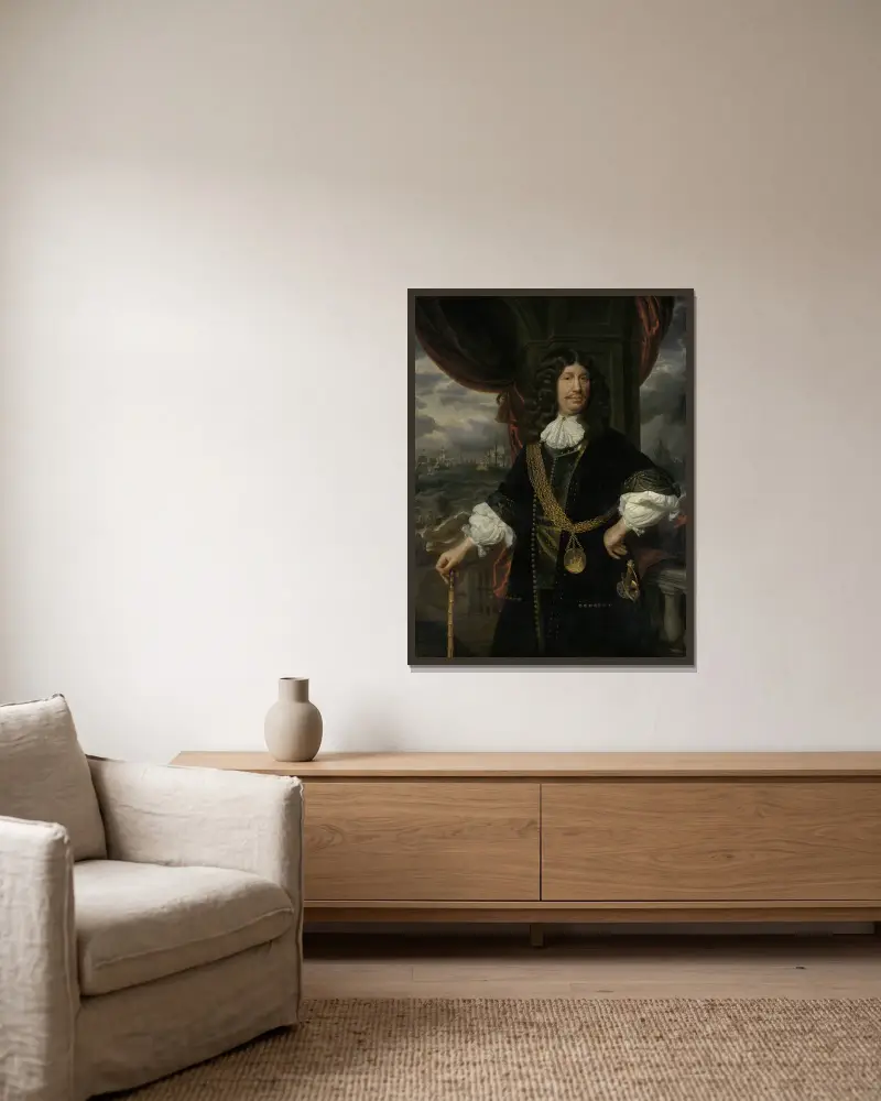 Portrait of Mattheus van den Broucke (1620-1685). Councillor of the Indies av Samuel van Hoogstraten inramad på en vägg