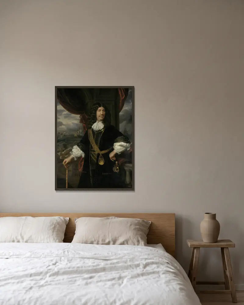 Portrait of Mattheus van den Broucke (1620-1685). Councillor of the Indies av Samuel van Hoogstraten inramad på en vägg