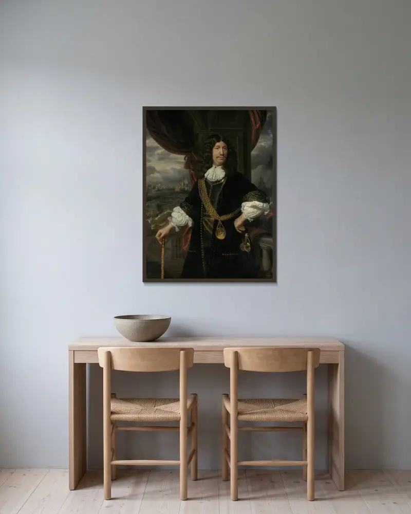 Portrait of Mattheus van den Broucke (1620-1685). Councillor of the Indies av Samuel van Hoogstraten inramad på en vägg