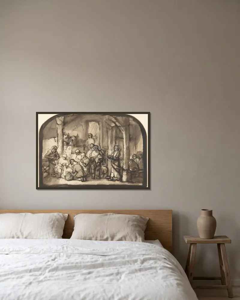 The Adoration of the Shepherds av Samuel van Hoogstraten inramad på en vägg