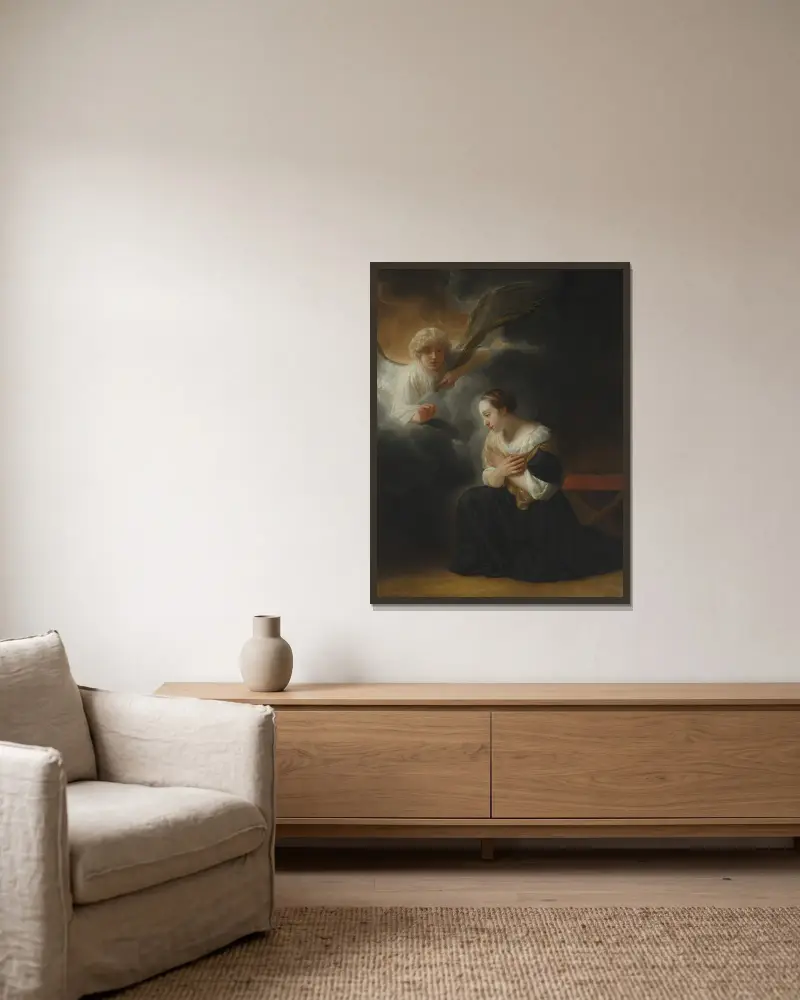 The Annunciation of the Death of the Virgin av Samuel van Hoogstraten inramad på en vägg