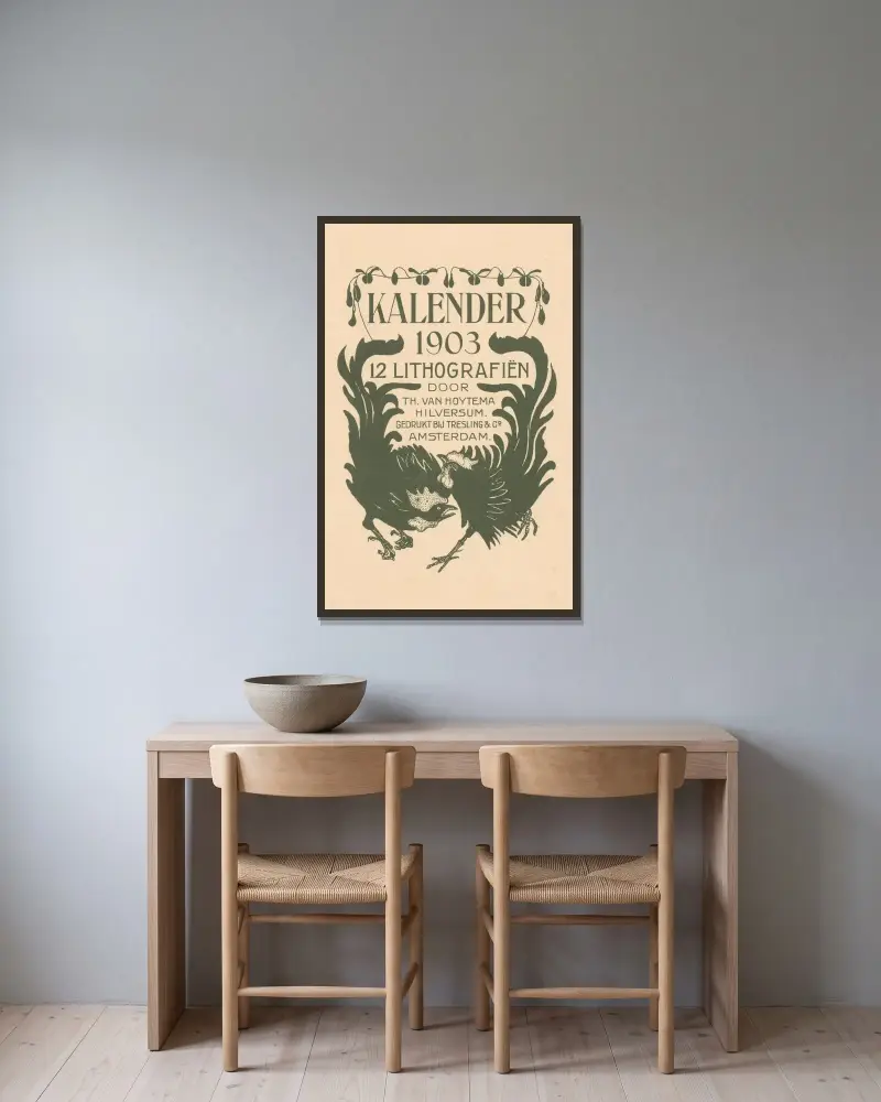 Annons för kalender 1903 av Theo van Hoytema inramad på en vägg