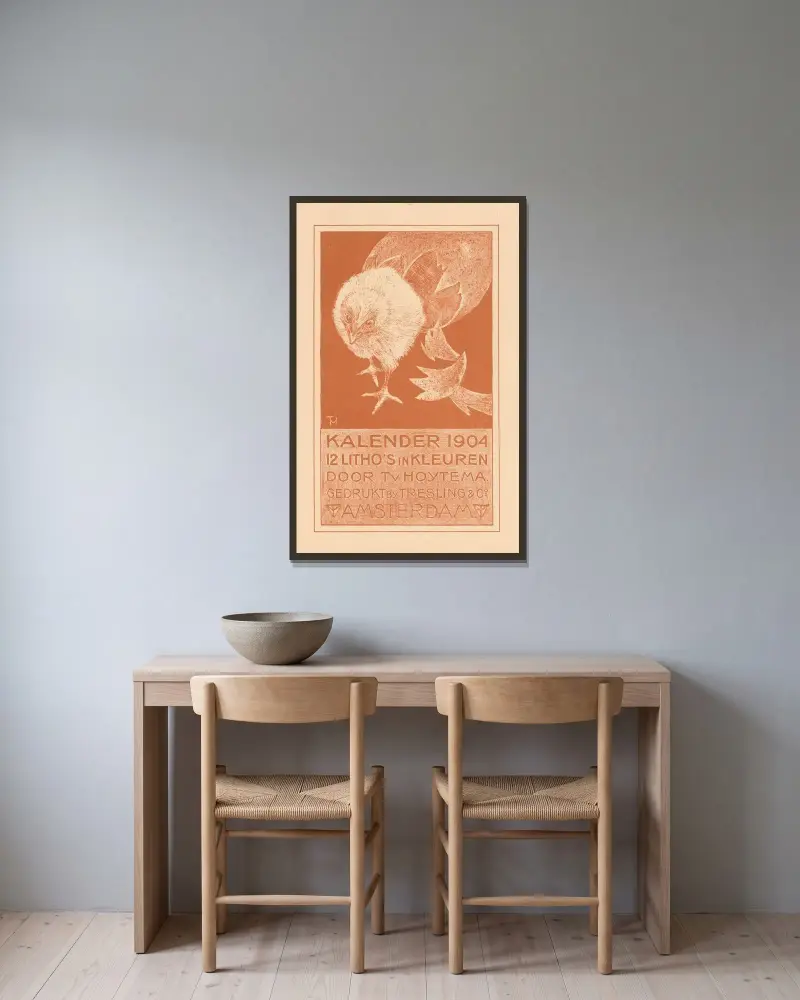 Annons för kalender 1904 av Theo van Hoytema inramad på en vägg