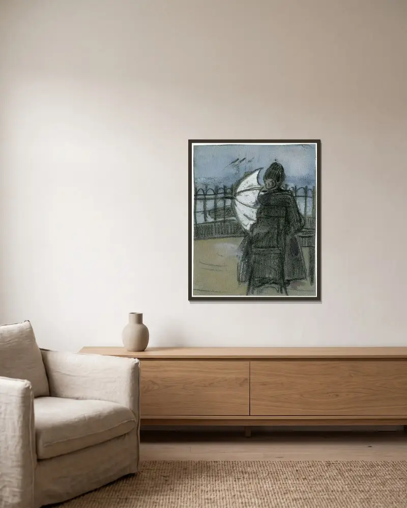 Dame mit Sonnenschirm auf dem Pier in Scheveningen von Theo van Hoytema gerahmt an einer Wand