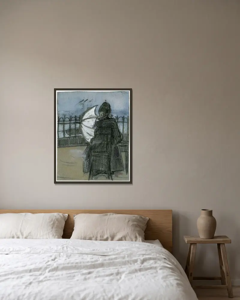 Dame mit Sonnenschirm auf dem Pier in Scheveningen von Theo van Hoytema gerahmt an einer Wand
