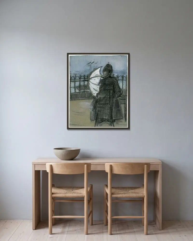 Dame mit Sonnenschirm auf dem Pier in Scheveningen von Theo van Hoytema gerahmt an einer Wand
