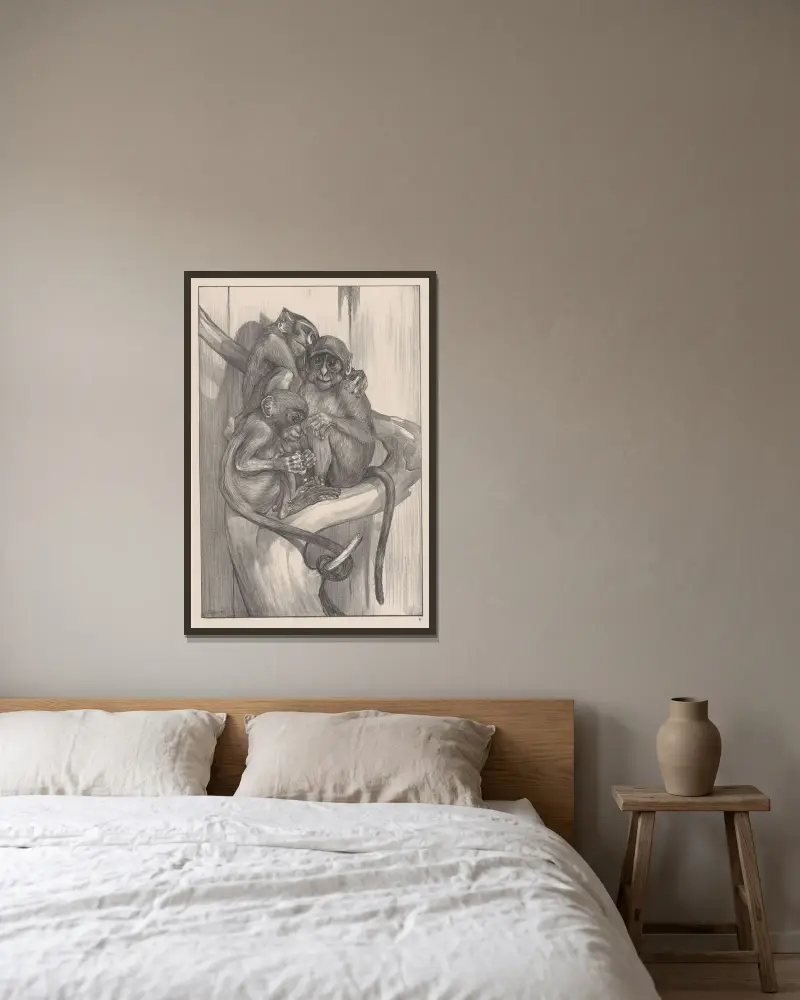 Drei Affen auf einem Baumstumpf von Theo van Hoytema gerahmt an einer Wand