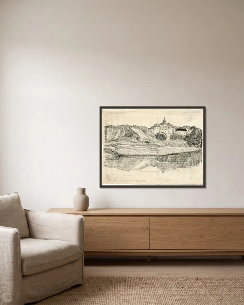 Blick auf eine Stadt im Maastal von Theo van Hoytema gerahmt an einer Wand