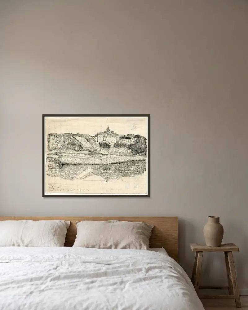 Blick auf eine Stadt im Maastal von Theo van Hoytema gerahmt an einer Wand