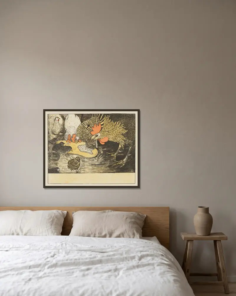 Hahn und Küken von Theo van Hoytema gerahmt an einer Wand