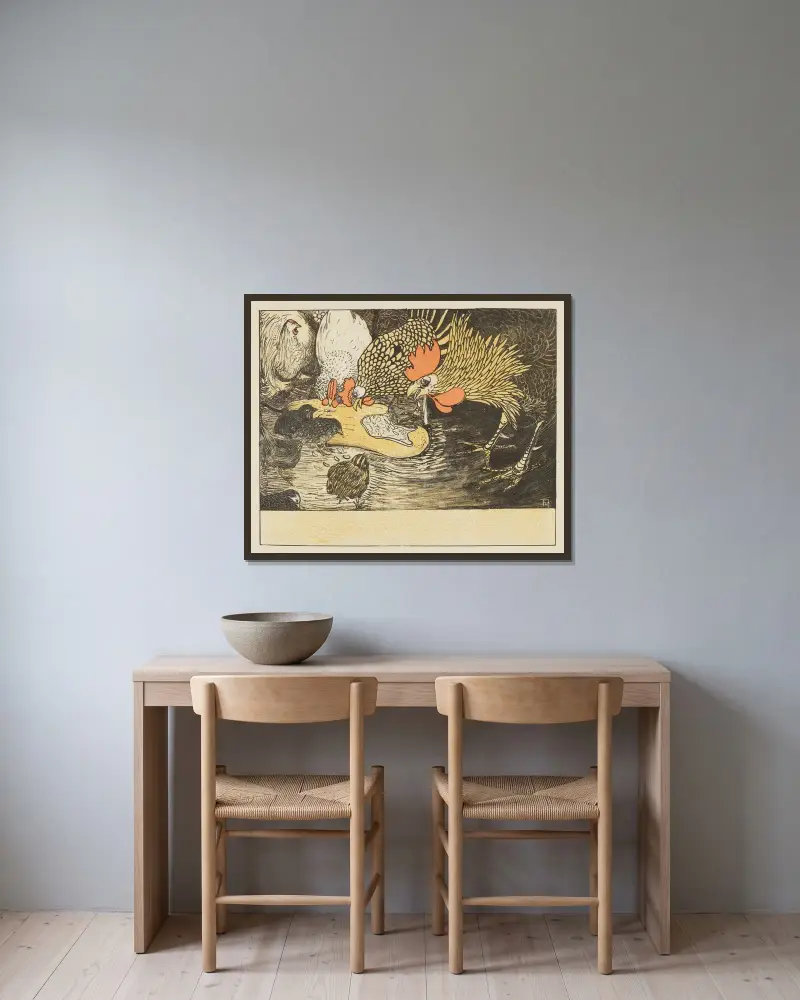 Hahn und Küken von Theo van Hoytema gerahmt an einer Wand