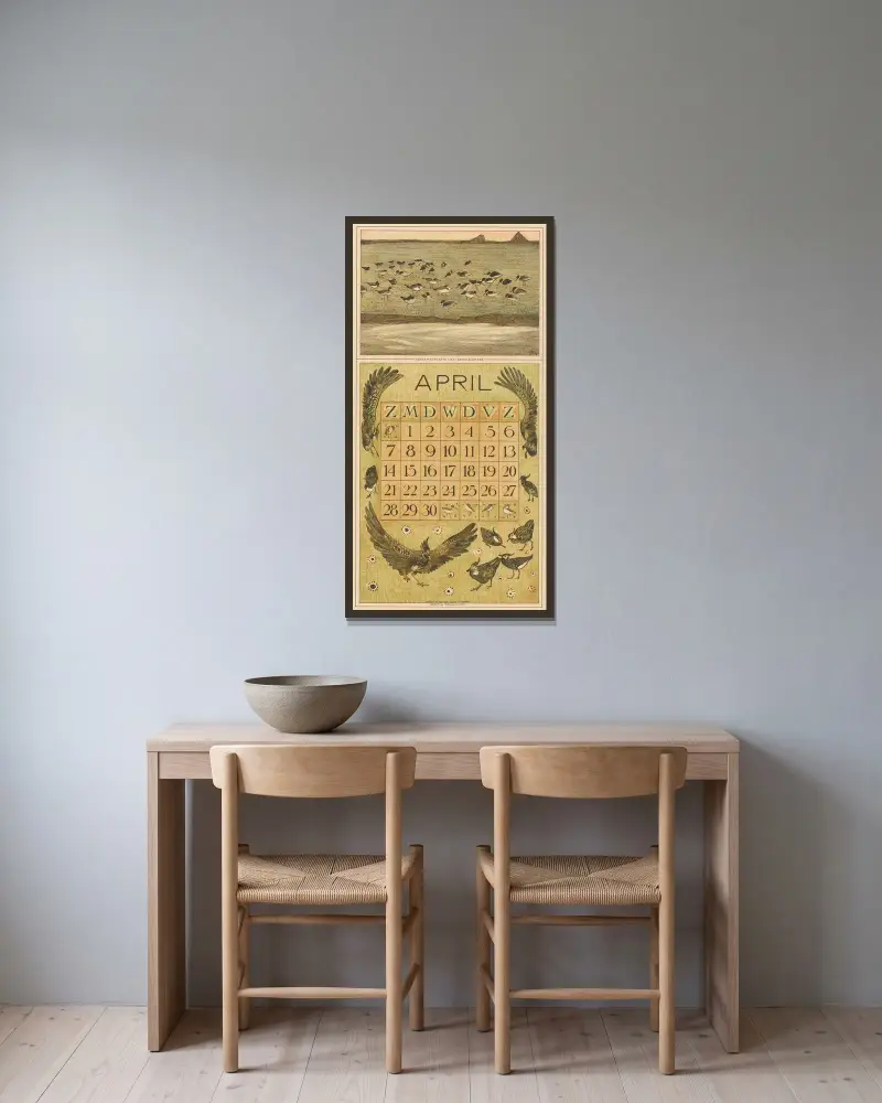 April-Kalenderblatt mit Austernfischern und Kiebitzen von Theo van Hoytema gerahmt an einer Wand