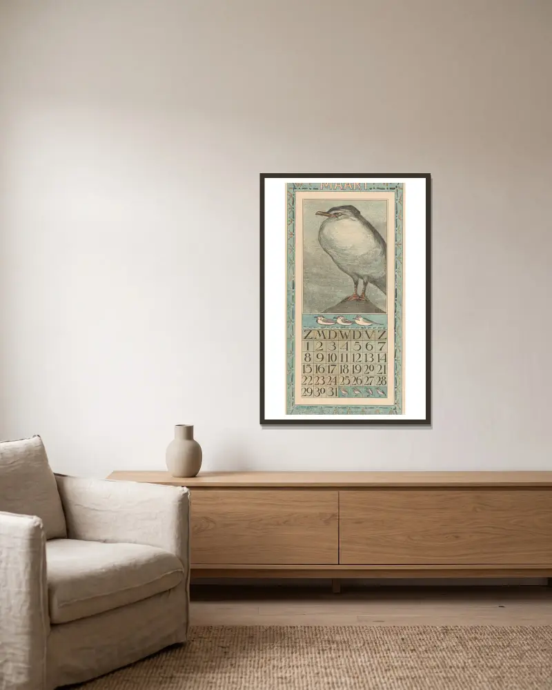 Kalenderblatt April mit Brachvogel von Theo van Hoytema gerahmt an einer Wand