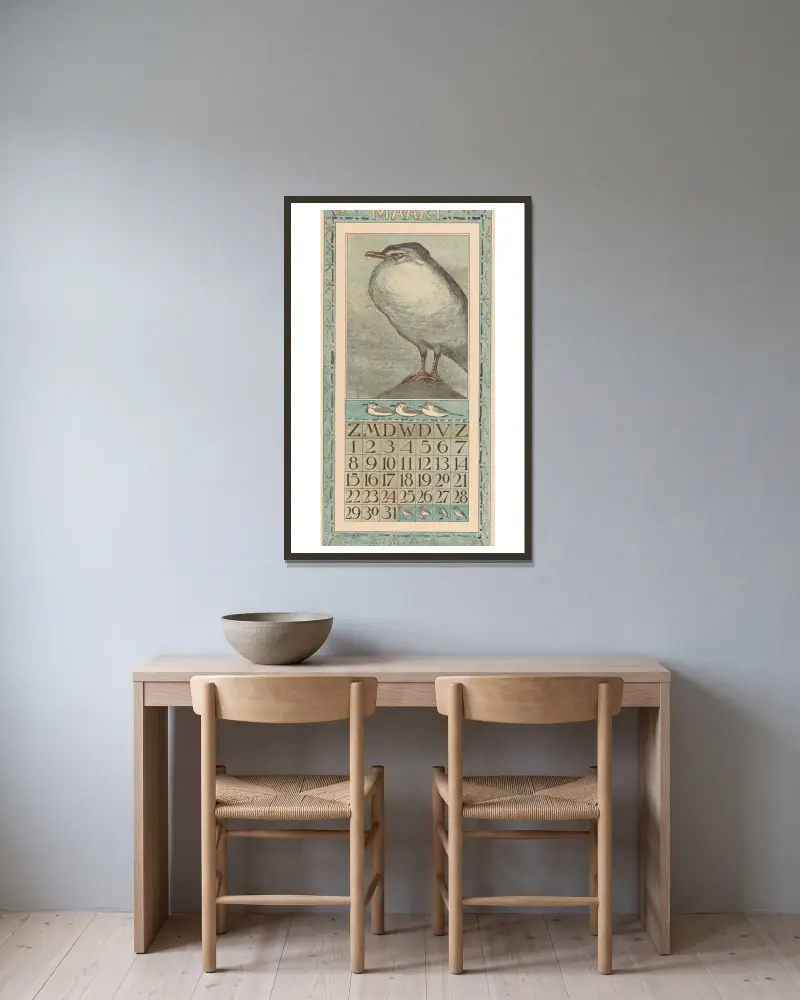 Kalenderblatt April mit Brachvogel von Theo van Hoytema gerahmt an einer Wand