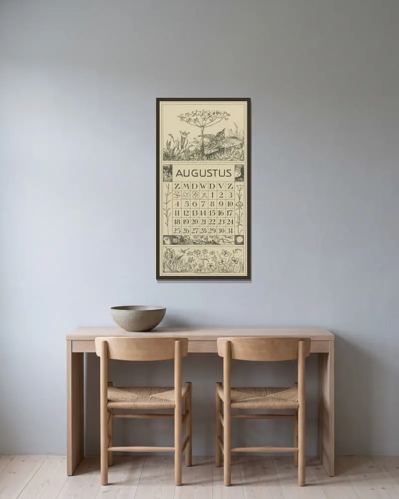 Kalenderblad augusti med lärka och blomma av Theo van Hoytema inramad på en vägg