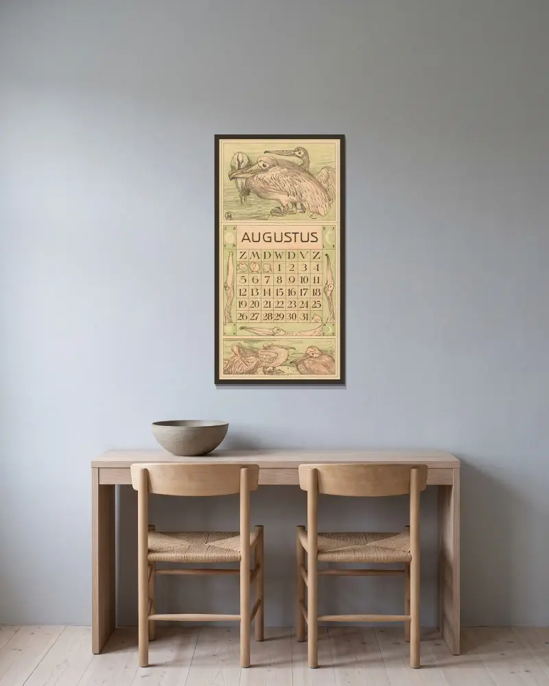Kalenderblatt August mit Pelikan von Theo van Hoytema gerahmt an einer Wand
