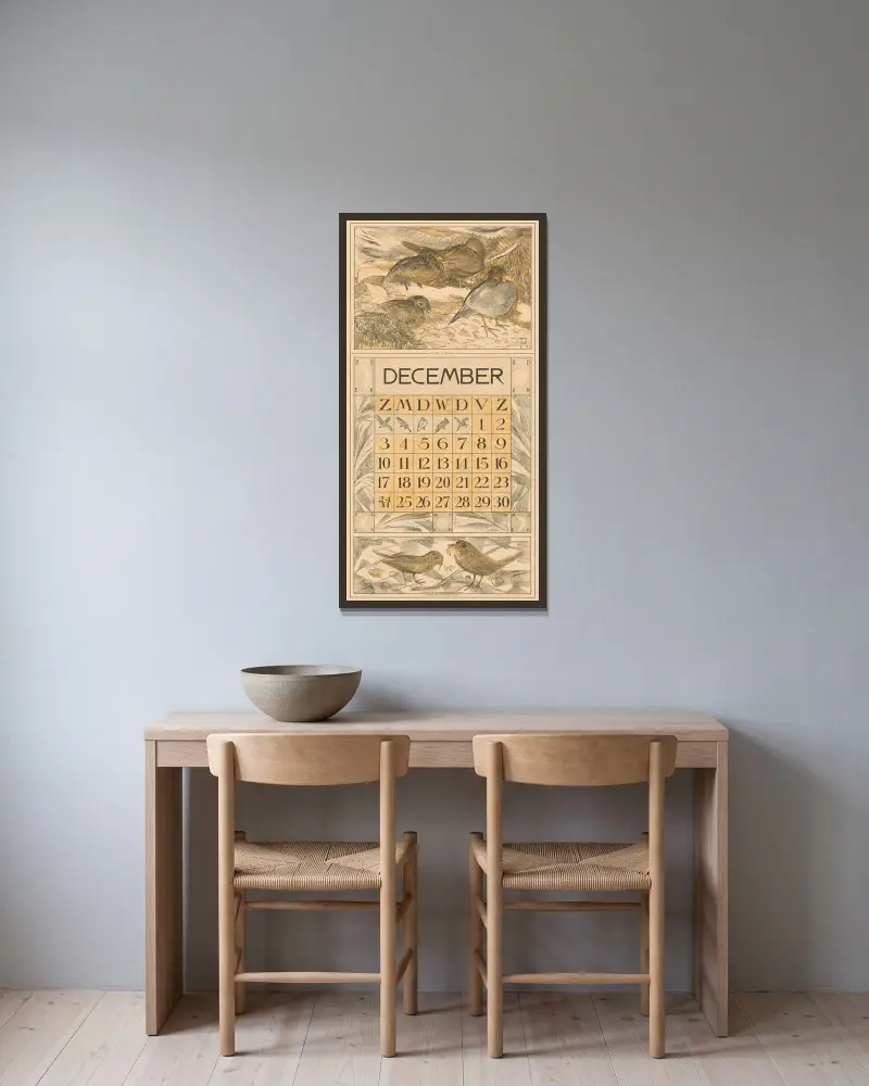 Kalenderblatt Dezember mit fressenden Vögeln von Theo van Hoytema gerahmt an einer Wand