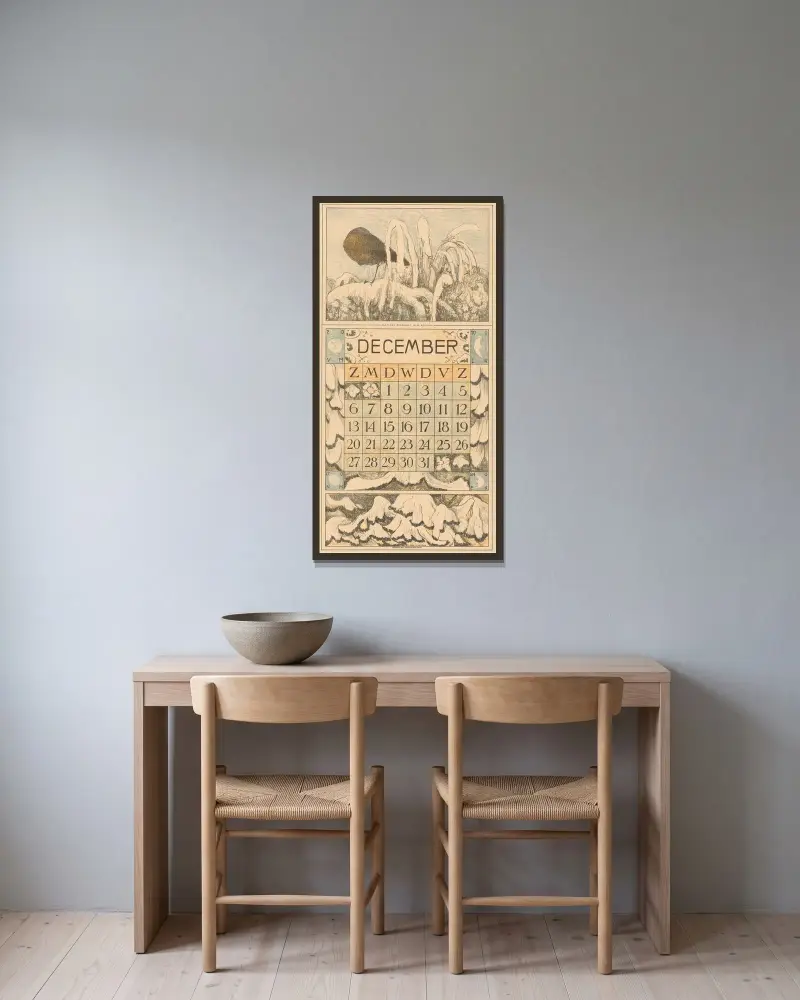 Kalenderblatt Dezember mit schlafendem Rotkehlchen von Theo van Hoytema gerahmt an einer Wand