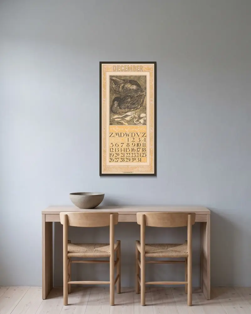 Kalenderblatt Dezember mit zwei schlafenden Enten von Theo van Hoytema gerahmt an einer Wand