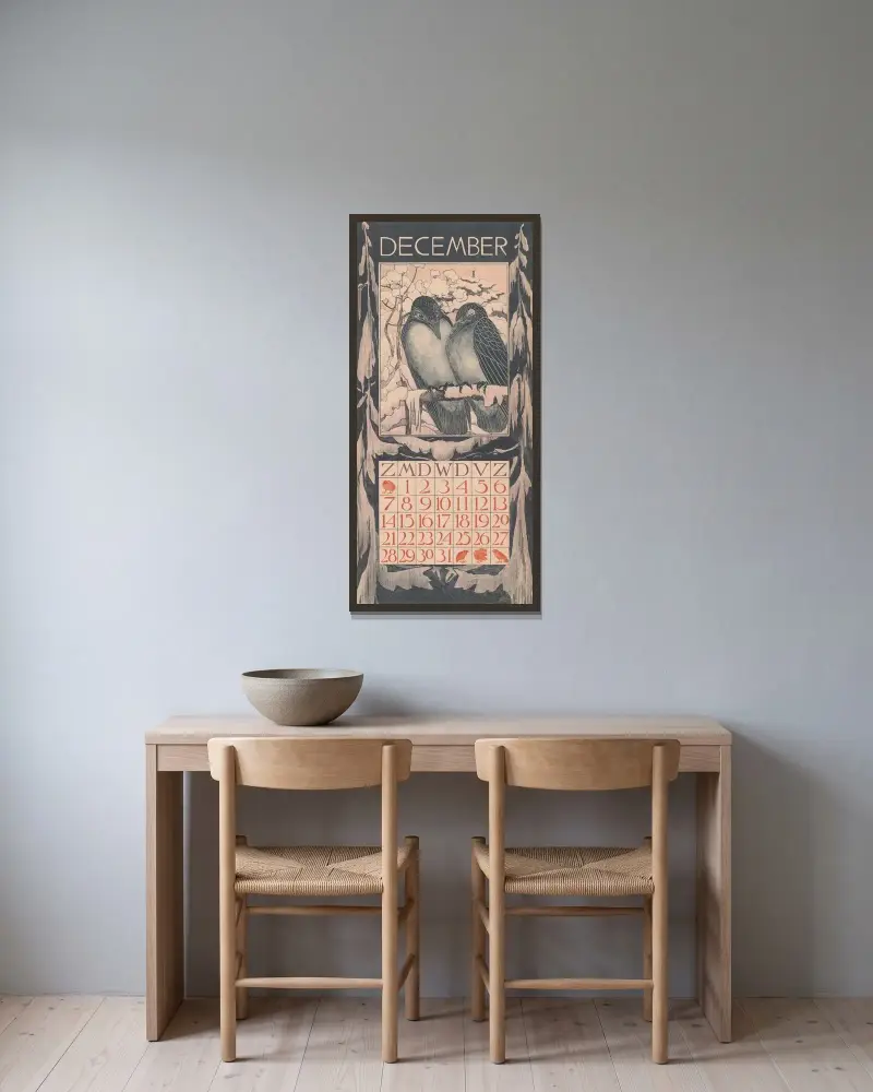 Kalenderblatt Dezember mit zwei Vögeln von Theo van Hoytema gerahmt an einer Wand