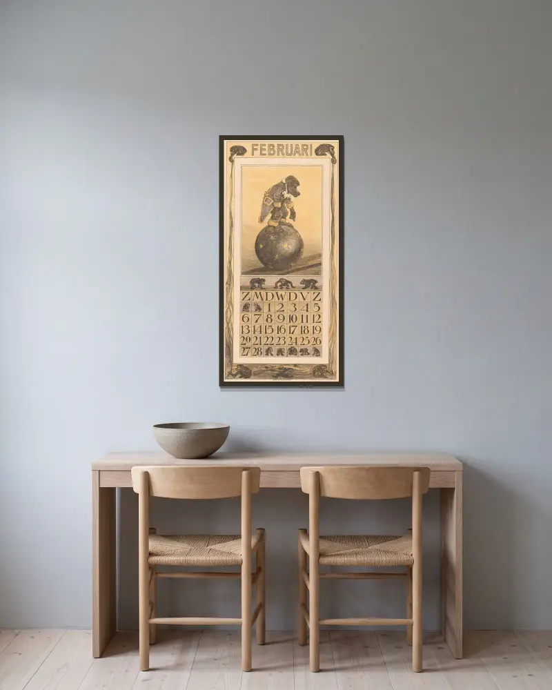Kalenderblatt Februar mit Affe auf einer Kugel von Theo van Hoytema gerahmt an einer Wand