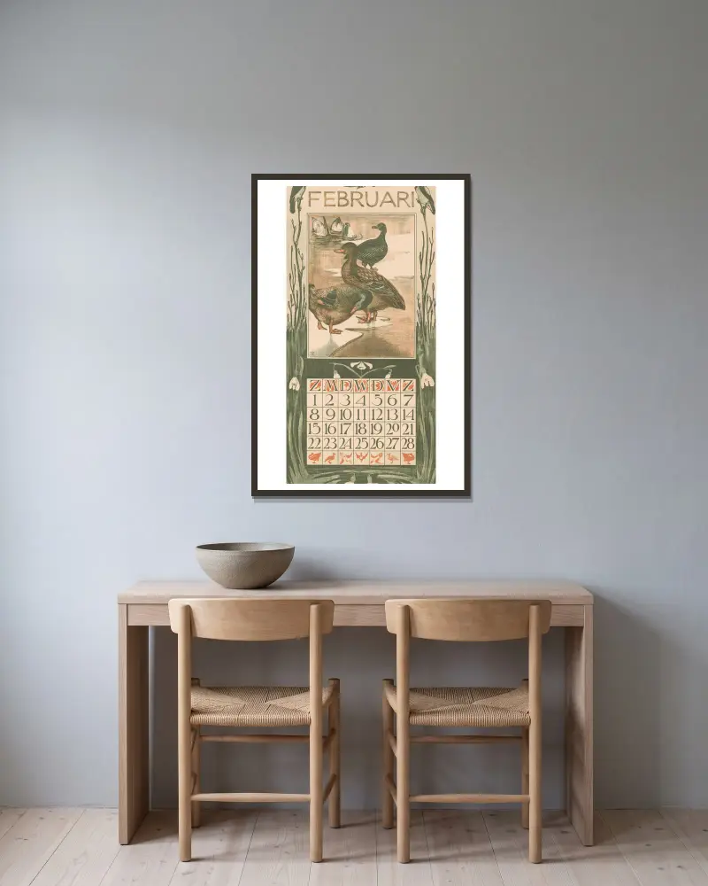 Kalenderblad februari met eenden, 1902 av Theo van Hoytema inramad på en vägg