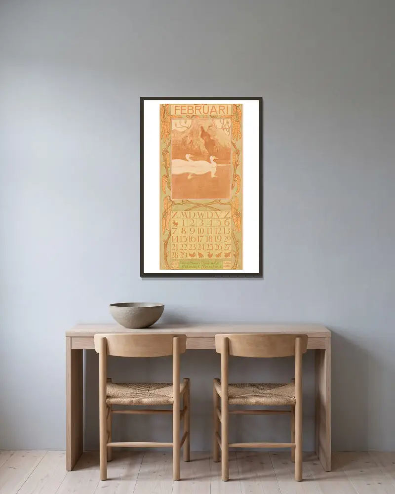 Kalenderblad februari met eenden, 1903 av Theo van Hoytema inramad på en vägg
