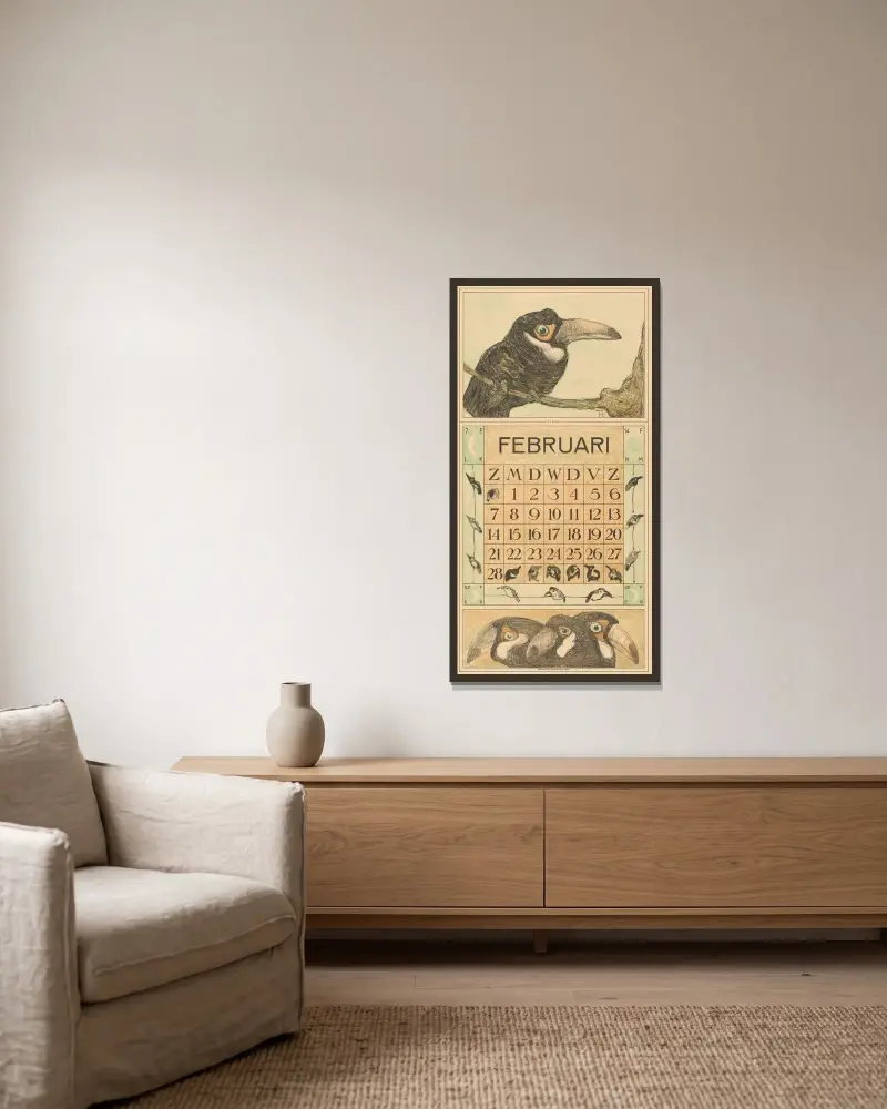 Februarblatt mit Tukan von Theo van Hoytema gerahmt an einer Wand