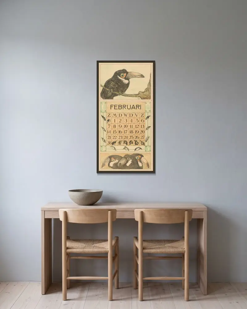 Februarblatt mit Tukan von Theo van Hoytema gerahmt an einer Wand