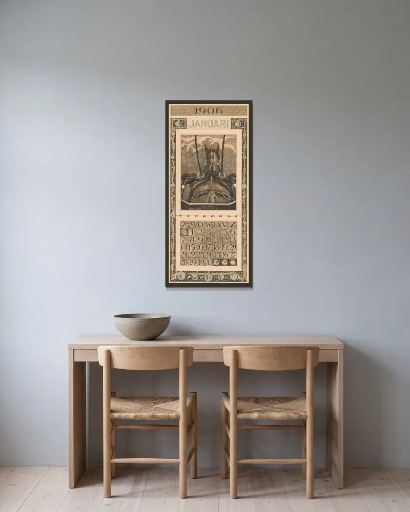 Kalenderblad januari med spänt häst av Theo van Hoytema inramad på en vägg