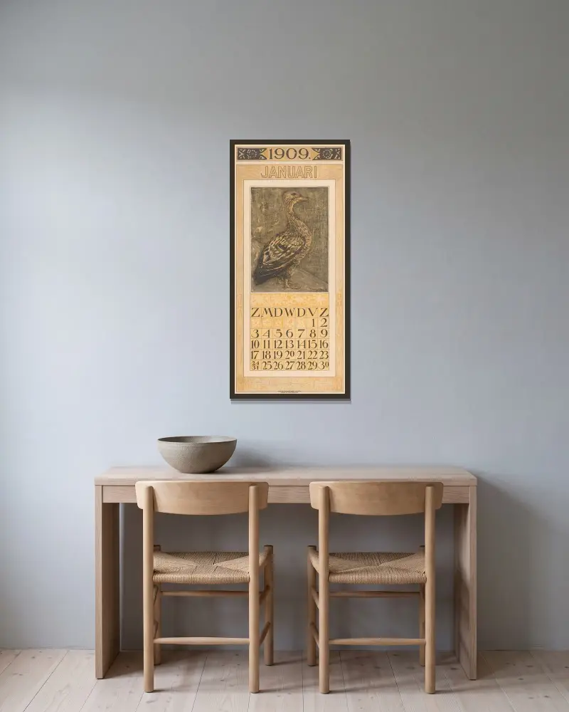 Kalenderblad januari med stående anka av Theo van Hoytema inramad på en vägg