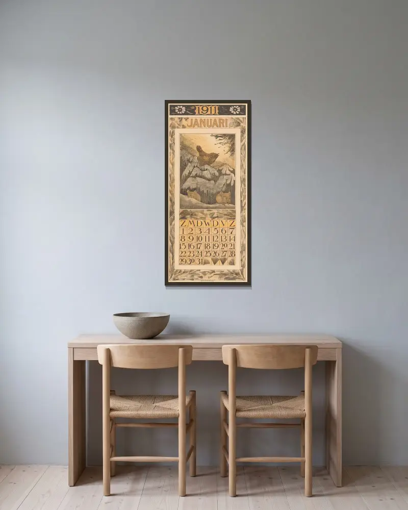 Kalenderblad januari med gärdsmyg och möss av Theo van Hoytema inramad på en vägg